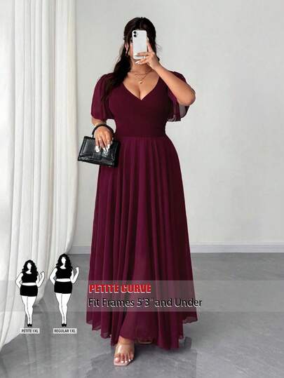 SHEIN PETITE CURVE Plus Size Women Chiffon Ruffle Sleeve V-Neck A-Line Dress, Simple Elegant Romantic Graceful Flowing