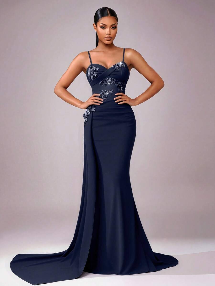 Coutiva Formal Evening Gown (Heavily Embellished) - Navy Blue - View 1
