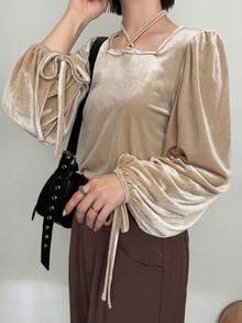 FRIFUL 女士方领交叉系带灯笼袖纯色甜美丝绒T恤 - 卡其色 - 查看 3