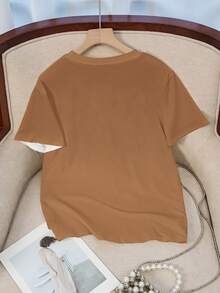 Rovax Casual Figure Print Dropped Shoulder Loose T-Shirt, Summer - Khaki - View 2