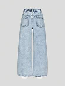 SHEIN ChillGRL Tween Girls Y2K Style Denim Jeans, Casual & Comfortable Distressed Wide Leg Jeans, Light Blue Washed Cotton Denim Pants, Suitable For All Seasons Ripped Jeans Ripped Baggy Jeans Wide Jeans - Light Wash - View 2