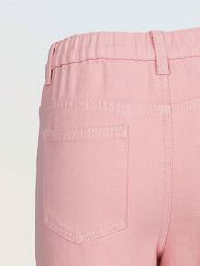 SHEIN Denimly 女童休闲简约学院风牛仔裤，松紧腰，拉链闭合，水洗牛仔七分裤 - 粉色 - 查看 7
