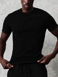 Áo thun ngắn tay cổ tròn gân nổi SUMWON Essential, dáng regular fit, cơ bản, thích hợp mặc hàng ngày, phong cách thường ngày thoải mái, màu trơn đơn giản. - màu đen - Xem 4