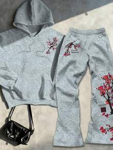 Glimmora 女式花卉印花亚麻长袖上衣和裤子两件套 - 灰色 - 查看 1