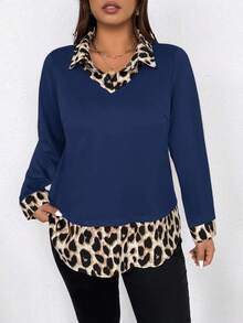 EMERY ROSE Plus Size Women Casual Printed 2 In 1 Shirt - Navy Blue - View 4