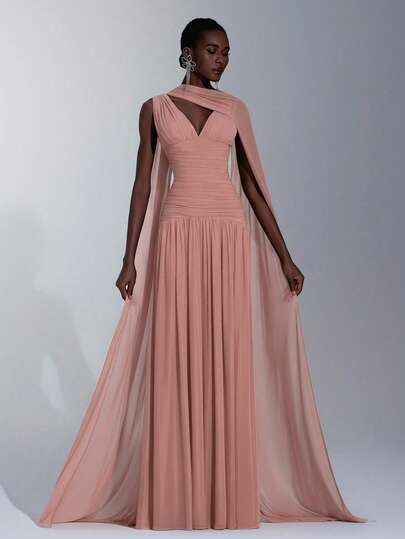 Elitara Elegant Wine Red Glossy Mesh V-Neck Ruched Super Flared A-Line Skirt (Detachable Halter Chiffon Flounce), Suitable For Dates, Singles Parties, Weddings, Formal Events, Bridesmaid Dress