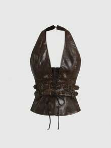 ROMWE Bộ đồ hai mảnh vải PU trang trí lễ hội âm nhạc Hippie cổ điển dành cho nữ - màu nâu - Xem 7