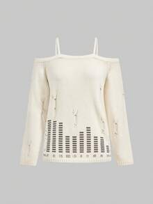 ROMWE J-Fashion 女士性感露肩细肩带做旧钢琴印花套头毛衣 - 米色 - 查看 1