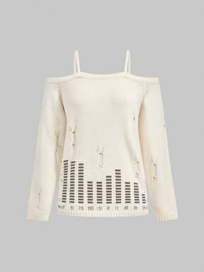 J-Fashion Women's Sexy Cold-Shoulder Spaghetti Strap Distressed Piano Print Pullover Sweater