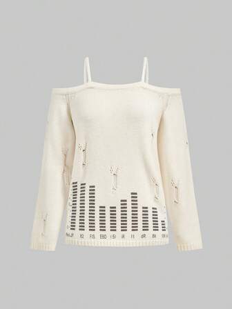 J-Fashion Maglione da donna sexy con spalle scoperte, spalline a spaghetti e stampa a pianoforte consumata