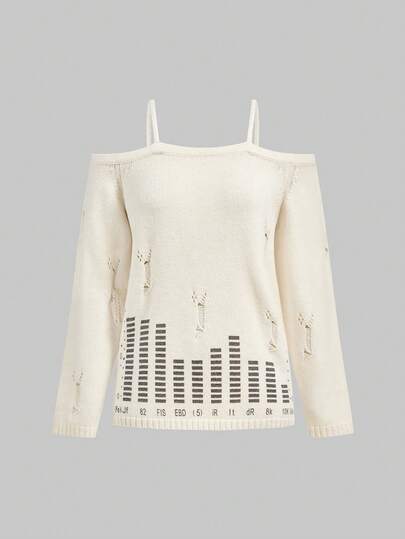 J-Fashion كنزة صوفية نسائية مثيرة بأكتاف باردة وحمالات رفيعة مطبوعة بطباعة البيانو المتهالكة