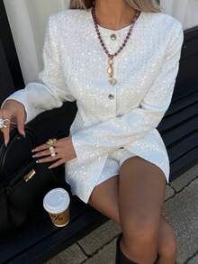 Siren Gaze New Autumn/Winter Sequined Tweed Work Suit, Stylish And Elegant Two-Piece Women's Set, Perfect For Parties And Dates. Casual Spring - Apricot - View 3