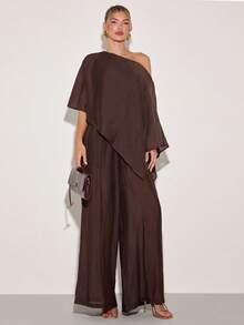 COSMINA 女士纯色不对称肩蝙蝠袖衬衫和阔腿裤时尚两件套，斜肩上衣，披肩领上衣，纹理褶皱面料，棕色优雅女士两件套，休闲装，优雅度假装，春夏女装 - 棕色 - 查看 3