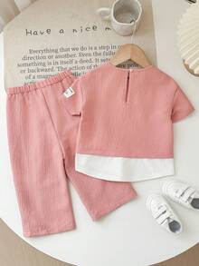 SHEIN LMoss Kids Bộ 2 áo thun dài tay phối màu dễ thương cho bé gái và quần cạp chun - Hồng - Xem 2