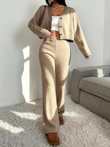 SHEIN EZwear 女士休闲驼色针织衫套装，适合秋冬季穿着 - 駝色 - 查看 6