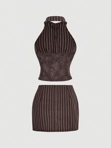 SHEIN MOD 女士棕色条纹立领单排扣马甲薄款套装，优雅套装，休闲套装，复古风格，乡村音乐会套装，春季套装，办公室套装，情人节套装，下午茶套装 - 棕色 - 查看 2