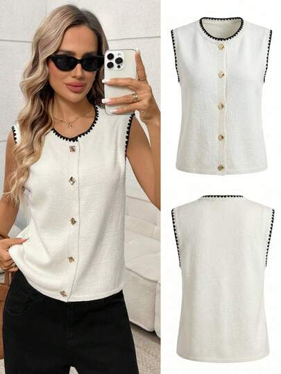 Easowa 女士罗纹针织纽扣背心，撞色滚边圆领无袖毛衣背心，时尚女士白色无袖纽扣前开襟毛衣，黑色滚边细节，适合日常穿着，优雅女士针织背心，休闲圆领无袖开衫，独特纽扣装饰