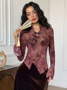 EastFlair Women's Elegant Floral Print Asymmetric Hem Long Sleeve Blouse With Button Cuffs, Autumn - Black - View 3