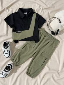 SHEIN Playful Pals 2件套幼儿男童休闲拼接短袖Polo衫和松紧腰纯绿色工装裤套装，适合户外运动、休闲外出、购物和旅行，适合6个月至2-3岁的儿童。 - 彩色 - 查看 4