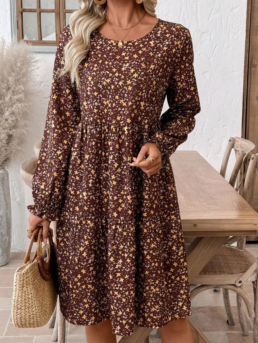 EMERY ROSE 女士碎花圆领长袖荷叶边下摆休闲中长连衣裙 - 彩色 - 查看 1