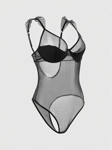 Women's Solid Color Mesh Ruffled Sheer Sexy Jumpsuit - Black - View 3