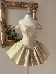 Lovelzi 优雅奢华的杏色提花露肩露背复古A字短款鸡尾酒礼服 - 杏色 - 查看 5