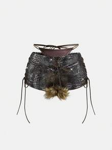 ROMWE Hippie Y2K Sexy Lace-Up Fuzzy Shorts - Brown - View 1