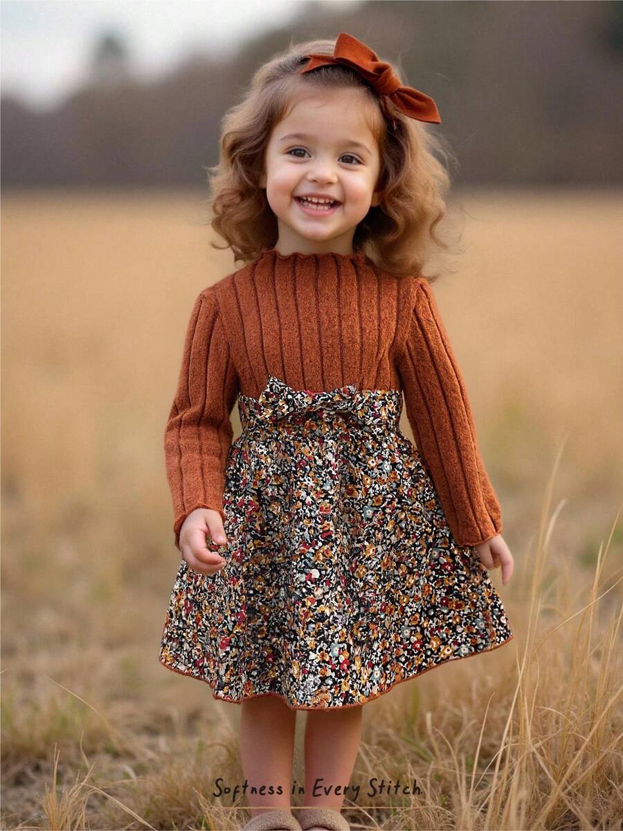 Cozy Pixies Baby Girl Leopard Print High Collar Contrast Color Patchwork Brushed Ribbed Long Sleeve Ruffle Hem Waist Cinched Dress, Suitable For Winter