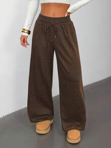 SHEIN PETITE 女士咖啡棕色抽绳休闲运动裤 - 咖啡棕 - 查看 4