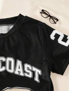 SHEIN Set de 2 piezas de camiseta de manga corta con estampado de letra universitaria 23 y falda para niña joven - Multicolor - Ver 3