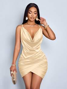 SOLERSUN Elegant Solid Color Draped Collar Backless Ruched Satin Party Bodycon Short Dress - Yellow - View 4