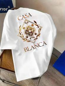 SHEIN 男士圆领字母几何印花休闲百搭通勤短袖T恤 - 白色 - 查看 3