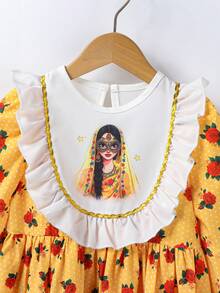 New Girls 4-7 Years Old Spring/Autumn Vintage Print Long Sleeve Dress, Fashionable & Cute Daily Outfit With Small Backpack, Casual, Chic, Suitable For School, Vacation, Travel, Outdoor, Back To School Kids Yellow Dress Yellow Church Dress For Girls Yellow Dress For Girls Little Girl Lemon Dress Bee Dress For Girl Yellow Rose Print Dress Little Girl Yellow Dress Girl Puff Sleeve Dress Muslim Clothes For Kids Thobes For Kid Girls Family Matching Dresses Kids Arabic Dress