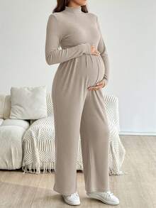 SHEIN 孕妇立领纯色褶皱长袖休闲日常连体裤 - 杏色 - 查看 3