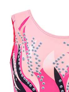 少女无袖印花舒适亲肤贴身防走光运动紧身衣，适合校园舞蹈比赛及四季穿着 - 玫紅色 - 查看 7