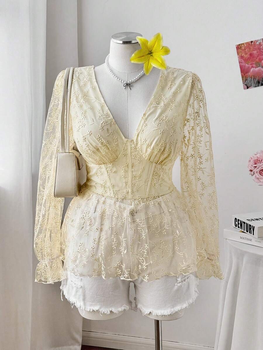 Sweetra Áo thun ngày lễ tình nhân hình trái tim màu hồng dễ thương cỡ lớn dành cho nữ - Màu be - Xem 1