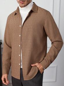 Core Aspect Brown Plain Regular Long Sleeve Shirt For Men Business Attire Polyester Fabric With Button Front - Brown - View 2