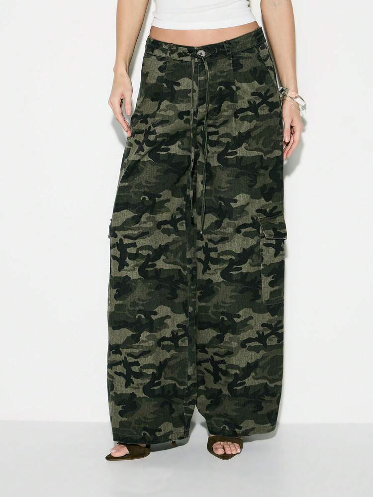KIZN Army Camouflage Wide Leg Cargo Pants For Women Military Print High Waisted Palazzo Trousers