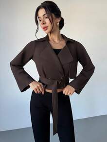 Firerie Women's Elegant Casual Commuter Fashion Street Casual Coffee Brown Solid Suede Long Sleeve Ladies Trench Coat With Belt, Short Sleeve Trench Coat, Spring Autumn Winter , Commuter, Elegant, Casual, Work - Brown - View 7