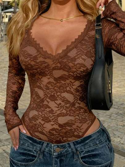 Zyxie Plus Size Fashionable Sexy V-Neck Sheer Lace Bodysuit