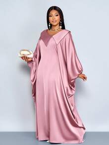 SOLERSUN 春夏新款加大码连衣裙，采用光泽亮丽的纯色缎面面料，不对称大翻领，蝙蝠袖设计，穿着舒适。这款两穿式吊带长袍，收腰设计，宽松版型，配有弹性袖口和及地长裙，是婚礼、宾客、优雅聚会、约会、派对、情人节、音乐节和嘉年华等场合的完美之选。时尚女装。 - 藕粉色 - 查看 6