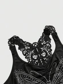 ROMWE Fairycore Camiseta sin espalda de encaje con decoración de mariposa y strass, versátil, para mujer de talla grande - Negro - Ver 3