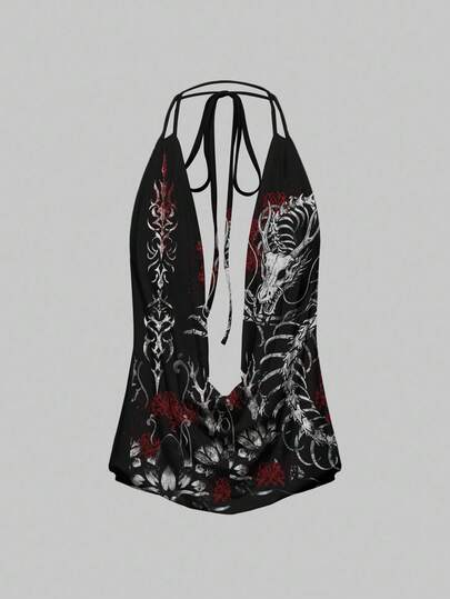 Grunge Punk Canotta da donna con lacci, senza schienale, con motivo punk di teschio di drago spinoso e fiamma scura, stile rocker sexy