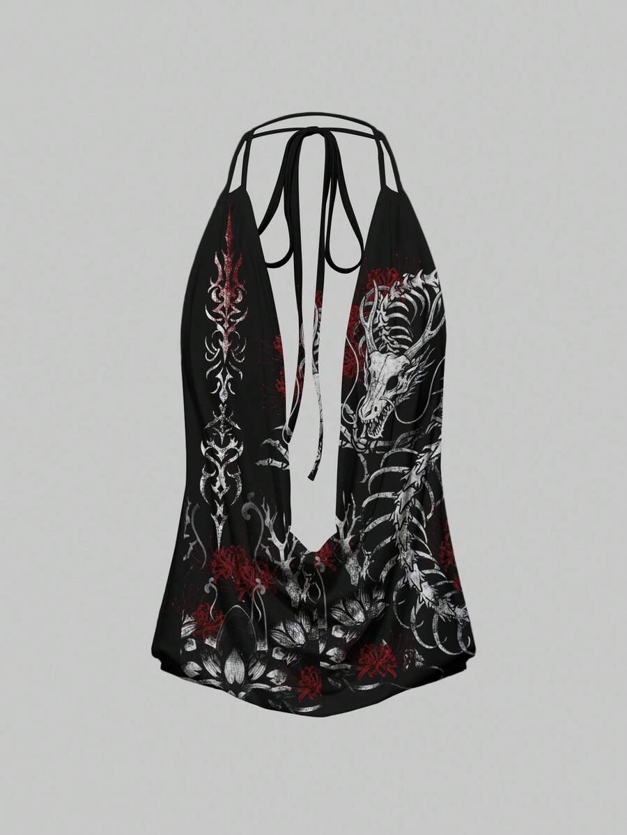 ROMWE Grunge Punk Áo yếm hở lưng buộc dây Punk Thorny Dragon Skull Dark Flame Sexy Rocker Halter dành cho nữ - màu đen - Xem 1