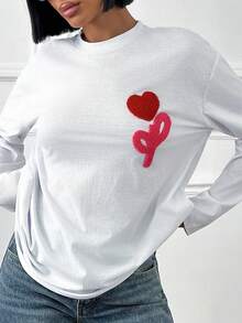 EURMUSE Heart Embroidery T-Shirt, Oversized Cotton Blend Breathable Fabric, Relaxed Fit Silhouette, Long Sleeve Classic Cut, Minimalist Valentine-Inspired Graphic, Premium Quality Cotton Fabric, Perfect For Casual Daily Styling, Comfortable Loose Fit, Easy-Care Fabric Construction - White - View 4