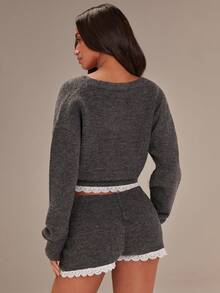 Athîral Set de 2 piezas de cárdigan de punto gris casual y shorts para mujer