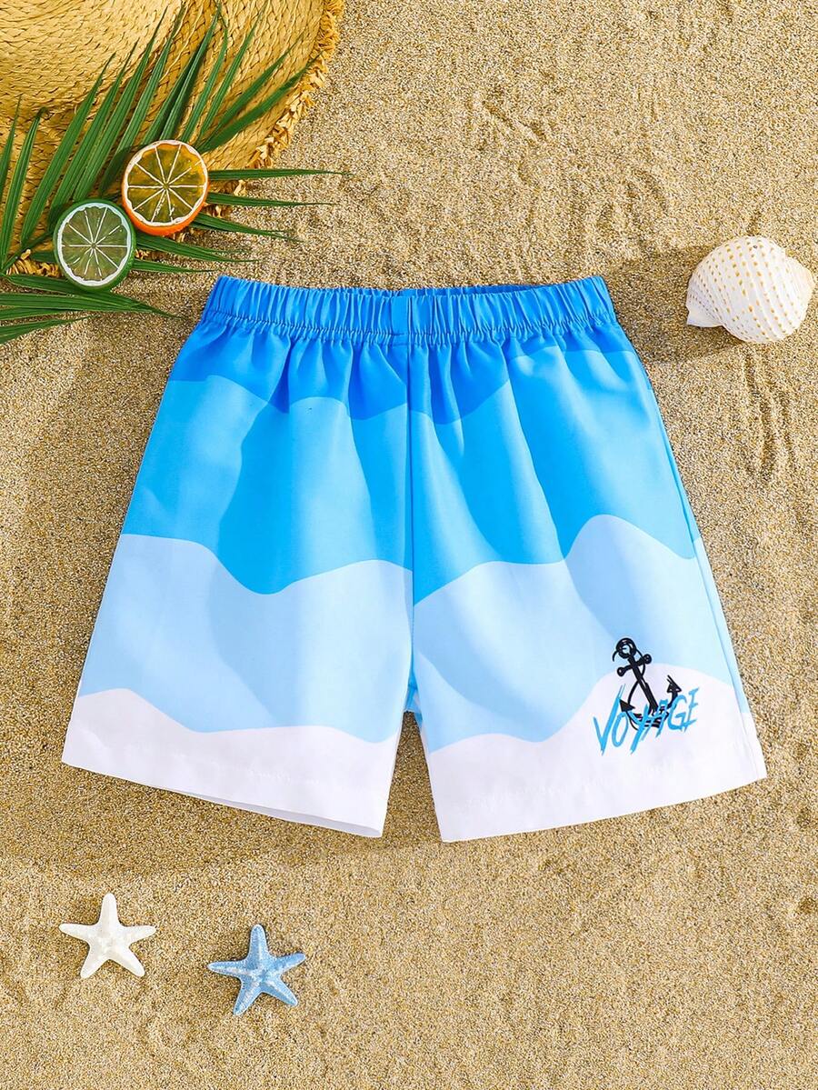 SHEIN 男童休闲时尚经典可爱卡通海龟印花宽松沙滩短裤，适合夏季、海滩、户外、游泳 - 綠色 - 查看 1