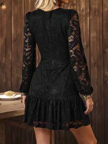 Women's Western New Year Party Black Lace Long Sleeve Ruffle Hem Elegant Dress, New Year Outfit Suitable For New Year Party, Gathering, Daily Date, Attending Dinner Party - LanaWest - Black - View 9