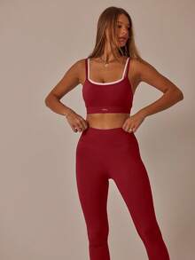 Aralina 双肩带镂空露脐上衣和高腰紧身裤弹力运动套装（女款） - 酒紅色 - 查看 7