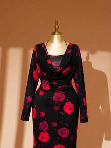 DreamSkyne Plus Size Women's Black And Red Floral Print Maxi Dress,Elegant Long Sleeve Cowl Neck Mermaid Gown,Milk Silk Rose Dress For Autumn Party,Gatherings - Black - View 1